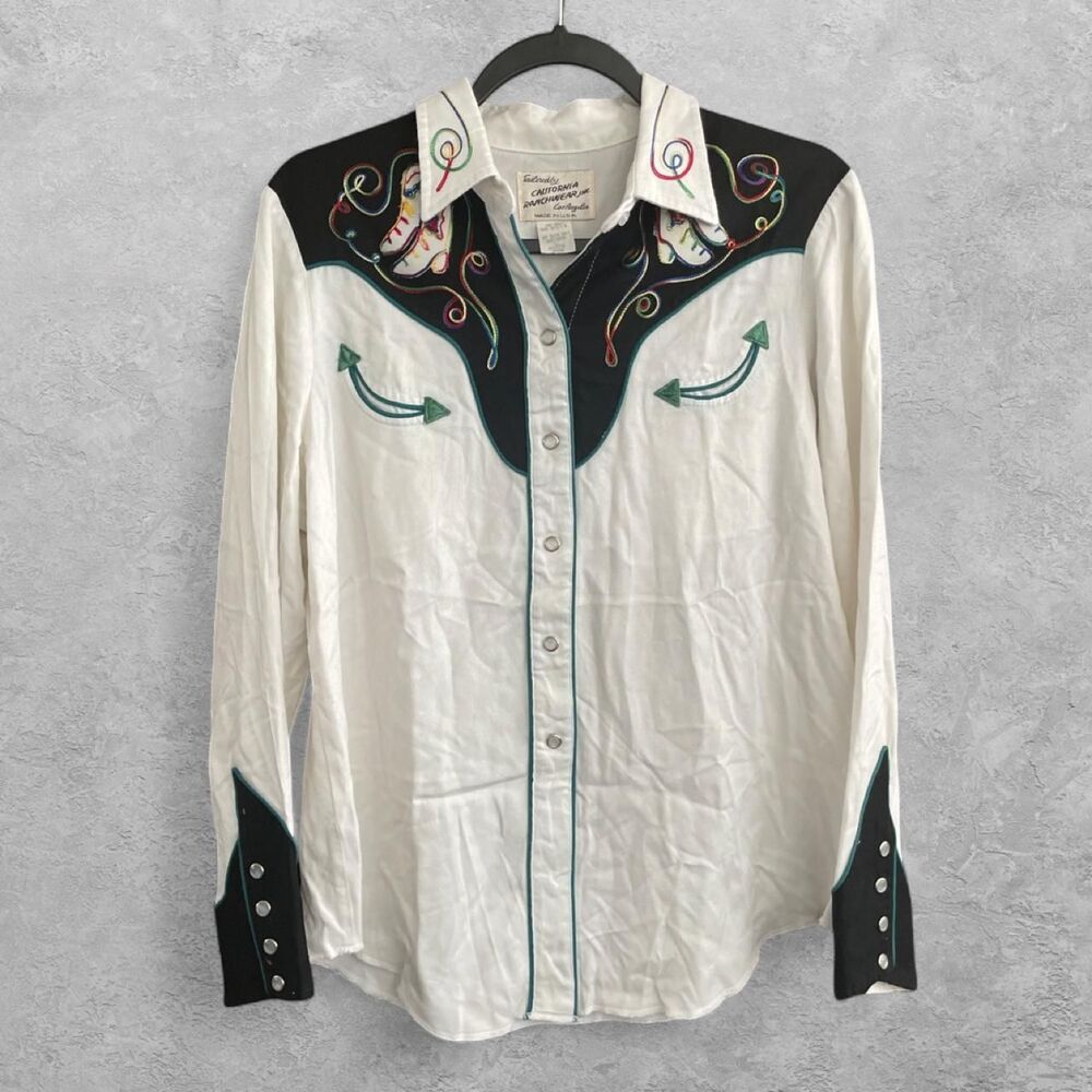 VTG 40s 50s H Bar C California Ranchwear Pearl Snap Western Shirt L White Rare